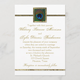 White and Gold Peacock Feather Wedding Invitation