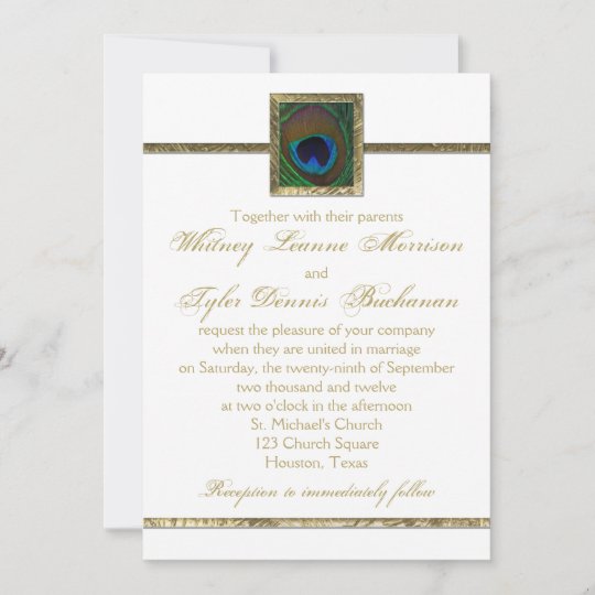 White and Gold Peacock Feather Wedding Invitation