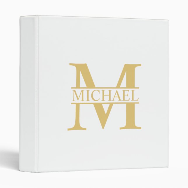 White and Gold Personalized Monogram and Name 3 Ring Binder (Front/Spine)