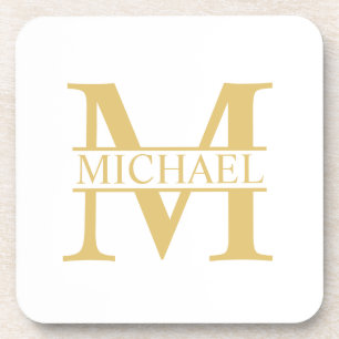 White and Gold Personalized Monogram and Name Beverage Coaster