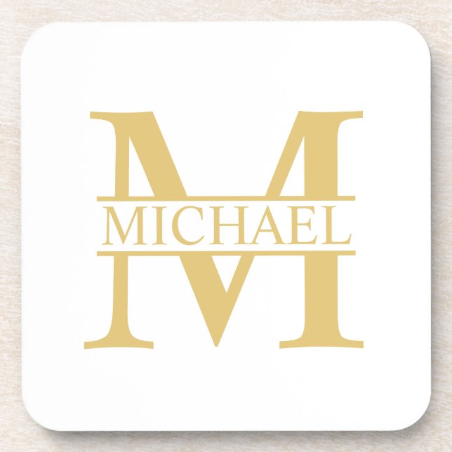White and Gold Personalized Monogram and Name Beverage Coaster (Front)