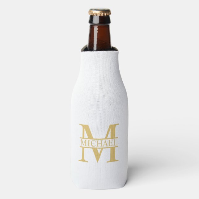 White and Gold Personalized Monogram and Name Bottle Cooler (Bottle Front)