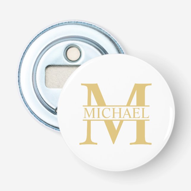 White and Gold Personalized Monogram and Name Bottle Opener (Front)