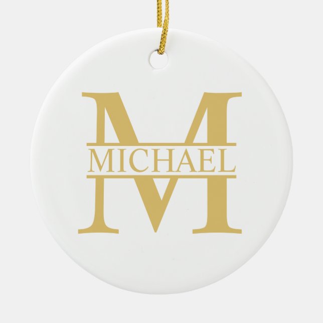 White and Gold Personalized Monogram and Name Ceramic Ornament (Front)