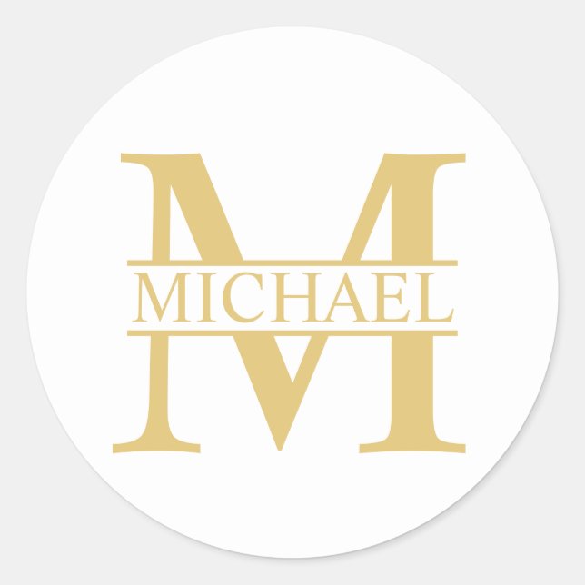 White and Gold Personalized Monogram and Name Classic Round Sticker (Front)