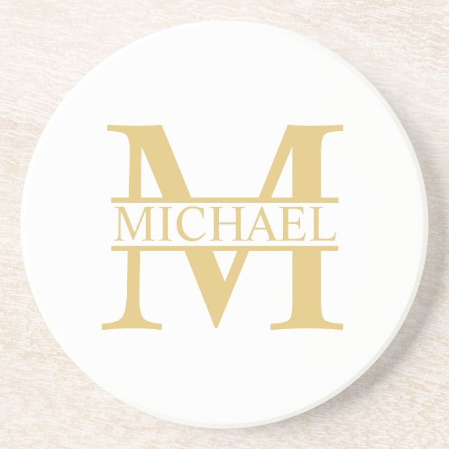 White and Gold Personalized Monogram and Name Coaster (Front)