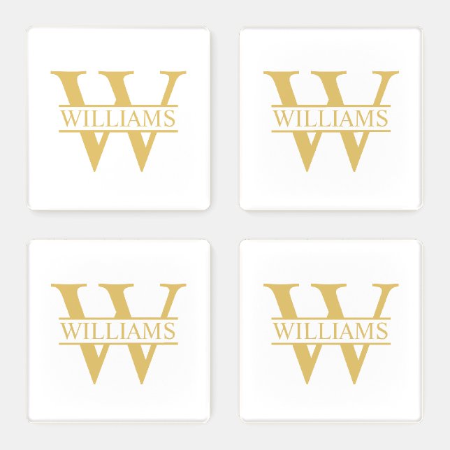White and Gold Personalized Monogram and Name Coaster Set (Set)