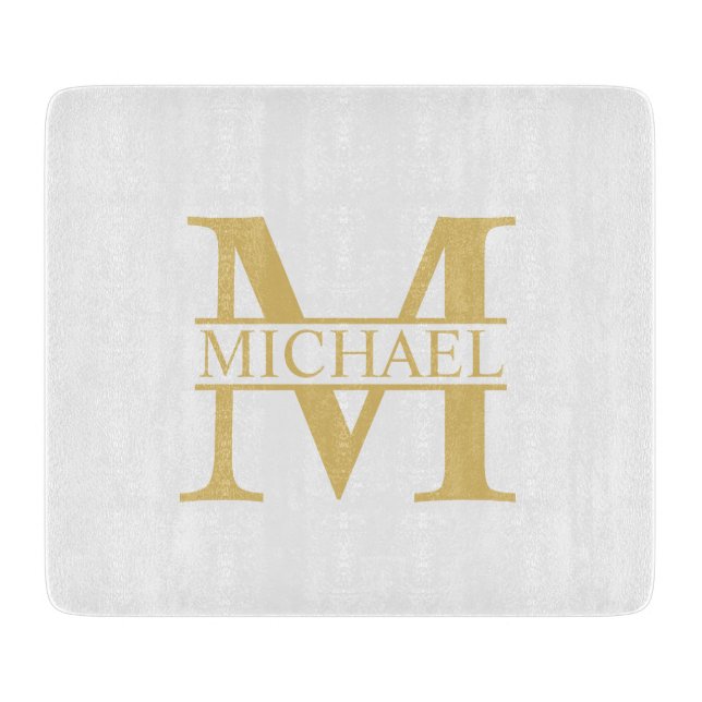 White and Gold Personalized Monogram and Name Cutting Board (Front)