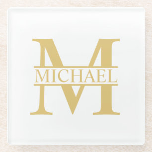 White and Gold Personalized Monogram and Name Glass Coaster