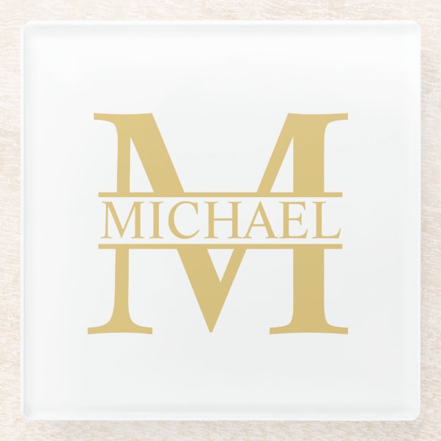White and Gold Personalized Monogram and Name Glass Coaster (Front)
