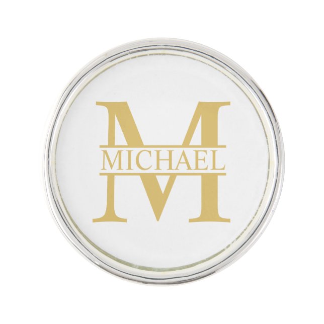 White and Gold Personalized Monogram and Name Lapel Pin (Front)