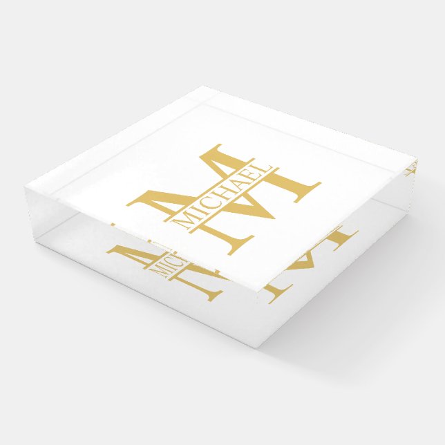 White and Gold Personalized Monogram and Name Paperweight (Angled)