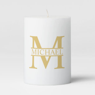 White and Gold Personalized Monogram and Name Pillar Candle