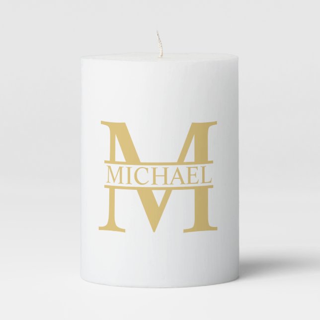 White and Gold Personalized Monogram and Name Pillar Candle (Front)