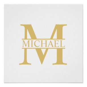 White and Gold Personalized Monogram and Name Poster