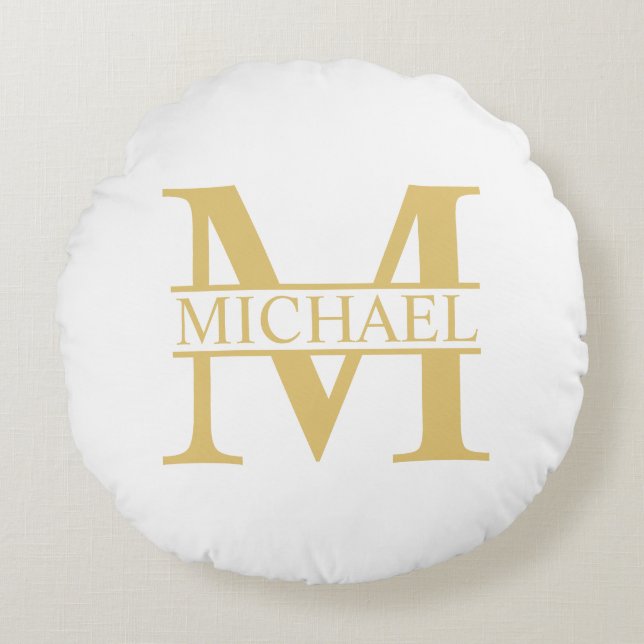 White and Gold Personalized Monogram and Name Round Pillow (Front)
