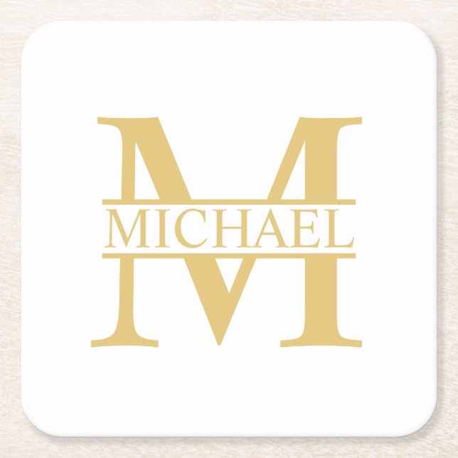 White and Gold Personalized Monogram and Name Square Paper Coaster (Front)