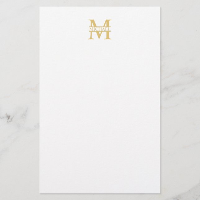 White and Gold Personalized Monogram and Name Stationery (Front)