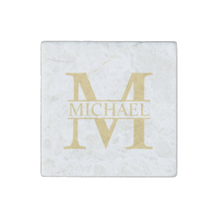 White and Gold Personalized Monogram and Name Stone Magnet