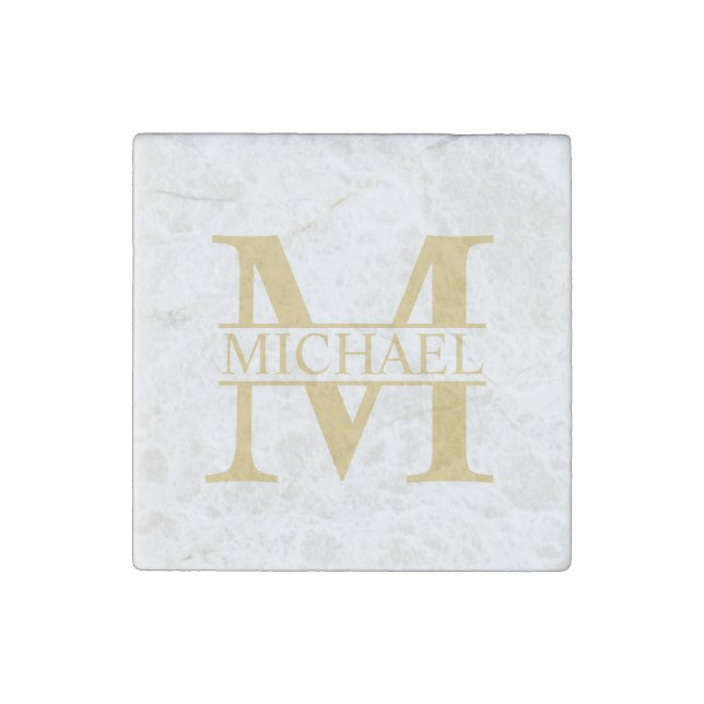 White and Gold Personalized Monogram and Name Stone Magnet (Front)