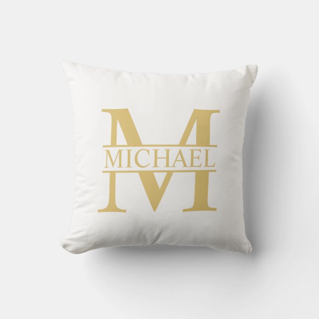 White and Gold Personalized Monogram and Name Throw Pillow (Front)
