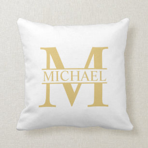 White and Gold Personalized Monogram and Name Throw Pillow
