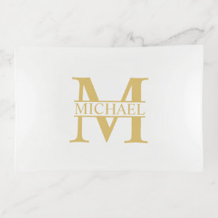White and Gold Personalized Monogram and Name Trinket Tray