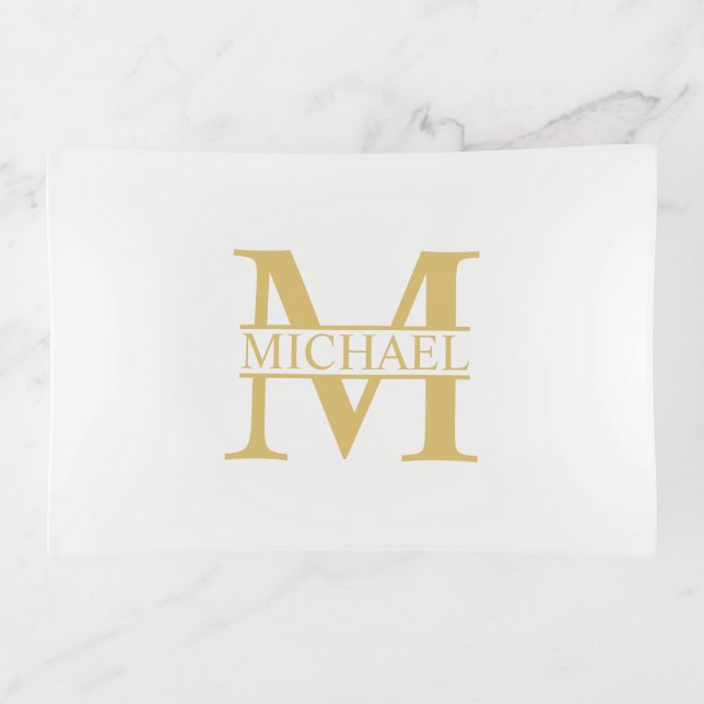White and Gold Personalized Monogram and Name Trinket Tray (Front)