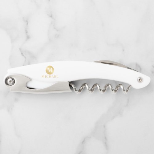 White and Gold Personalized Monogram and Name Waiters Corkscrew