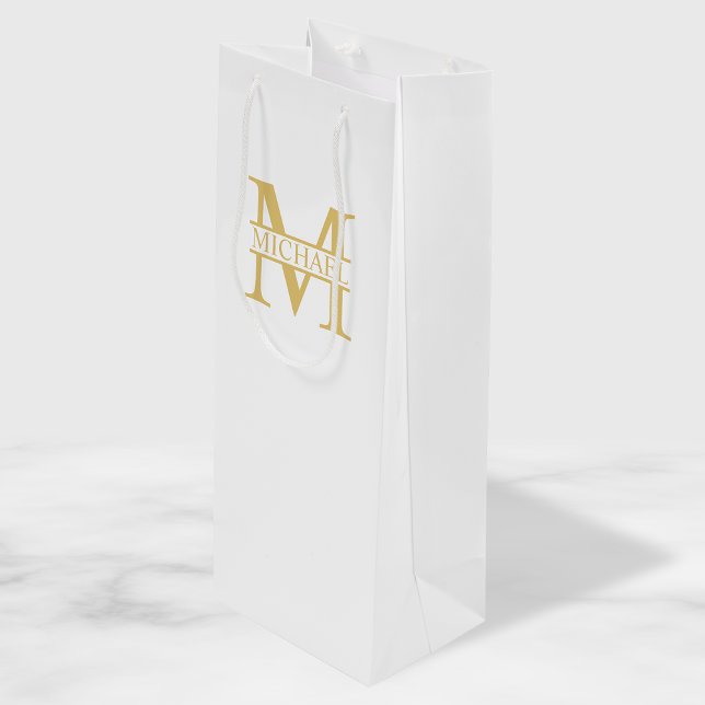 White and Gold Personalized Monogram and Name Wine Gift Bag (Creator Uploaded)