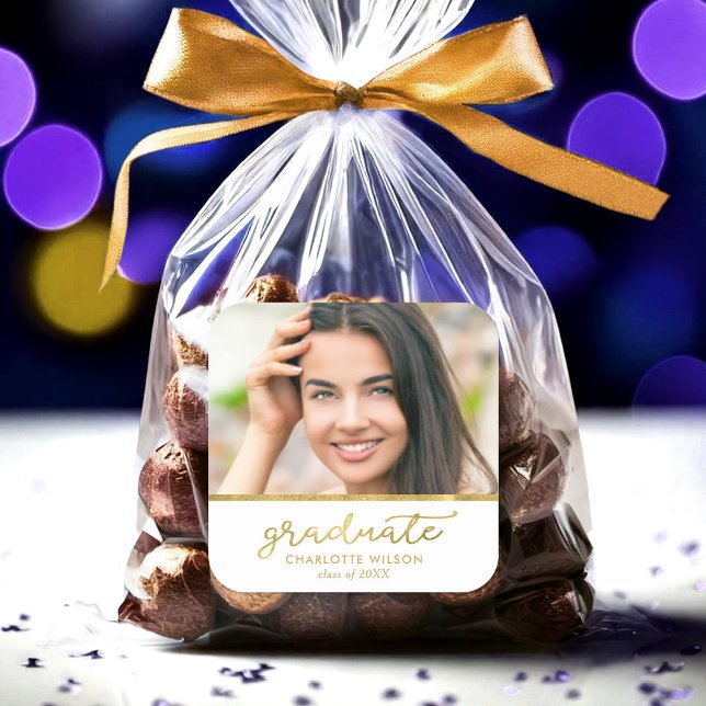 White and Gold Photo Graduate Graduation Square Sticker (Creator Uploaded)
