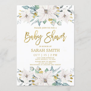 White and gold poinsettia Christmas Baby Shower Invitation