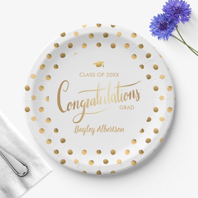 White and Gold Polka Dot Congrats Grad Graduation  Paper Plates (Creator Uploaded)