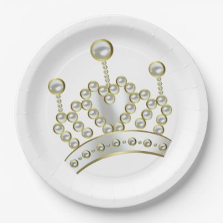 White and Gold Princess Crown Paper Plate