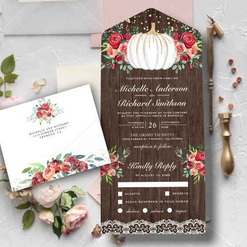 White and Gold Pumpkin Burgundy Floral Wedding All In One Invitation