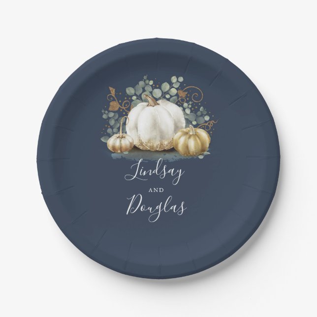 White and Gold Pumpkin Fall Harvest Navy Blue Paper Plates (Front)