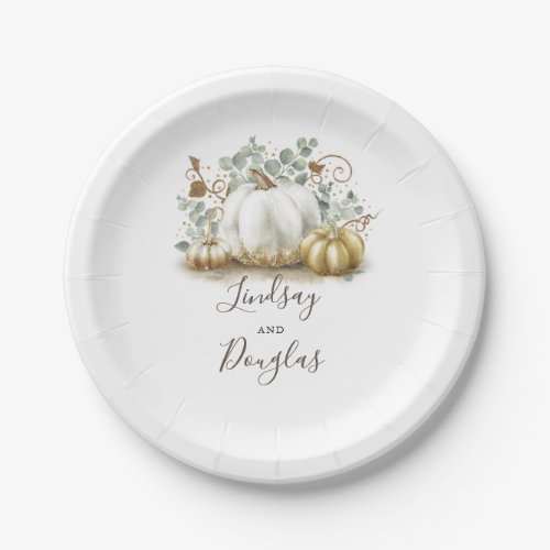 White and Gold Pumpkin Fall Harvest Paper Plates
