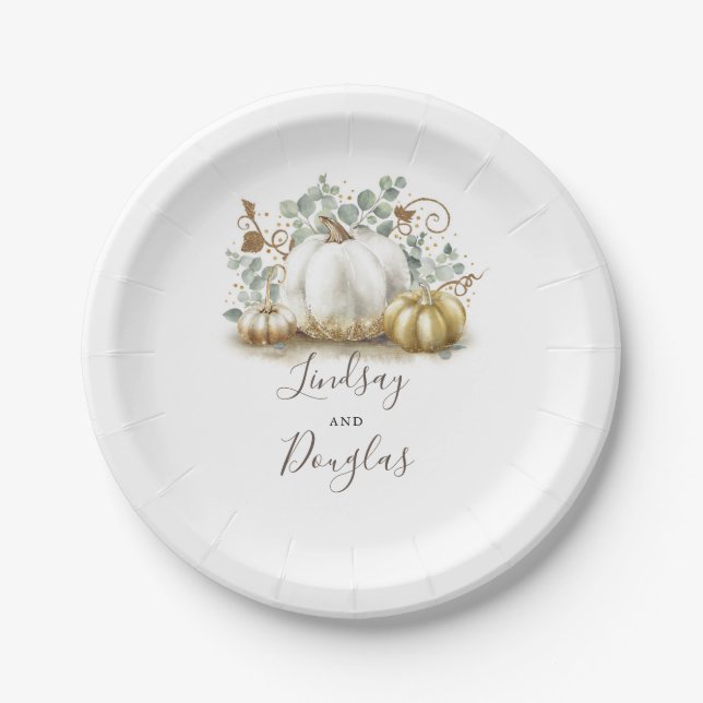 White and Gold Pumpkin Fall Harvest Paper Plates (Front)