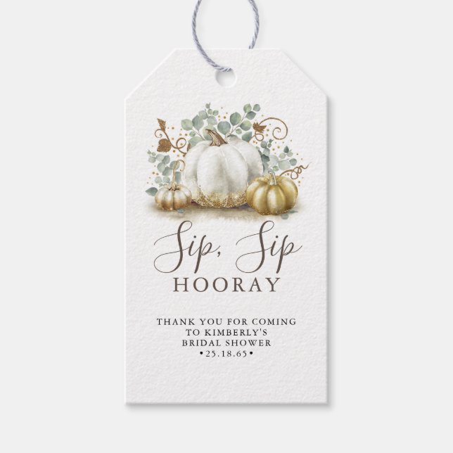 White and Gold Pumpkin Fall Sip Sip Hooray Gift Tags (Front)
