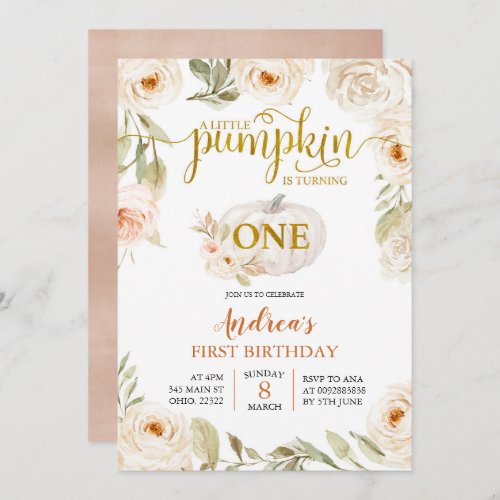 White and Gold Pumpkin First Birthday Invitation