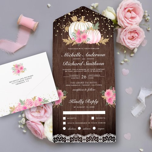 White and Gold Pumpkin Pink Floral Fall Wedding All In One Invitation