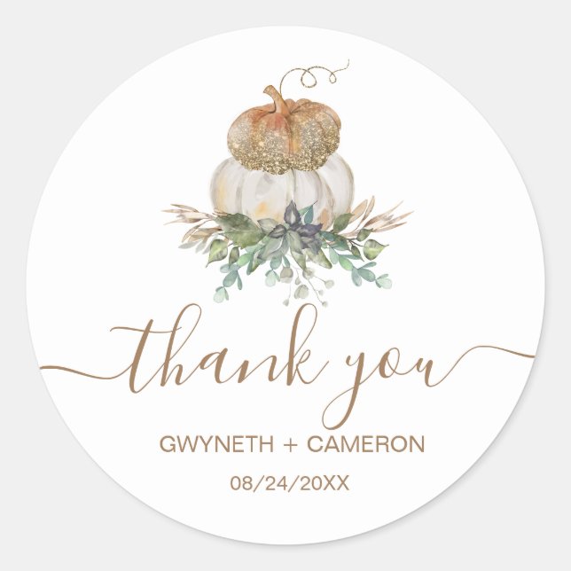 White and Gold Pumpkin Thank You Classic Round Sticker (Front)