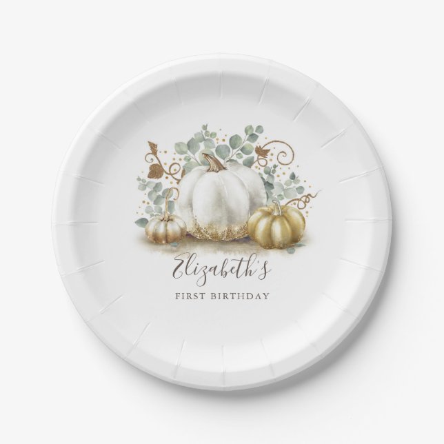White and Gold Pumpkins Fall Birthday Party Paper Plates (Front)