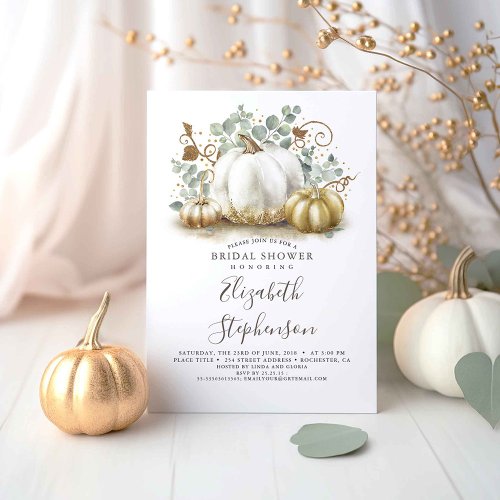 White and Gold Pumpkins Fall Bridal Shower Invitation