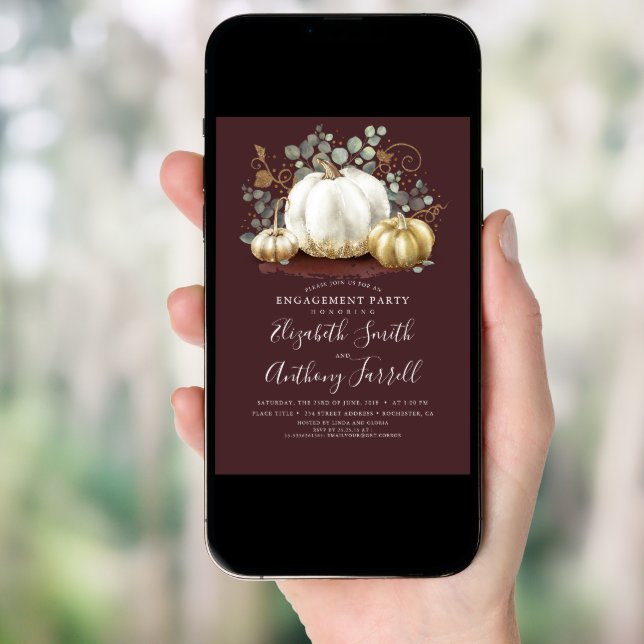 White and Gold Pumpkins Fall Engagement Party Invitation (Front Digital)