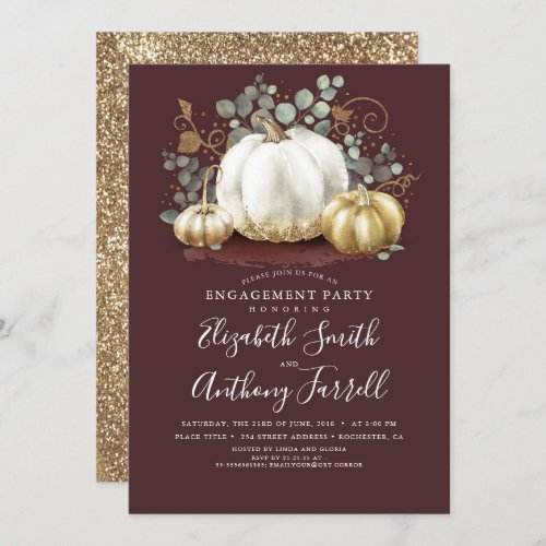 White and Gold Pumpkins Fall Engagement Party Invitation
