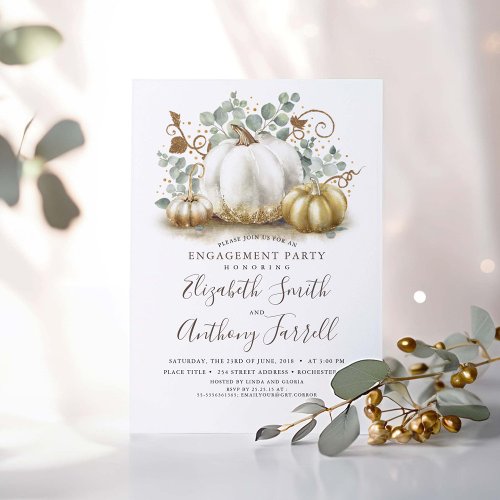 White and Gold Pumpkins Fall Engagement Party Invitation