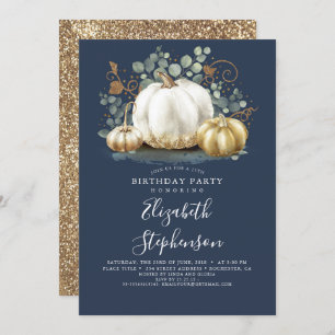 White and Gold Pumpkins Fall Harvest Birthday Invi Invitation