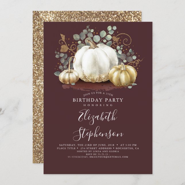 White and Gold Pumpkins Fall Harvest Birthday Invitation (Front/Back)