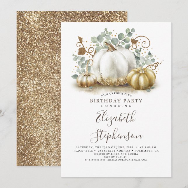 White and Gold Pumpkins Fall Harvest Birthday Invitation (Front/Back)